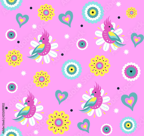 Bright Vector seamless pattern with cute parrot and exotic tropical flowers