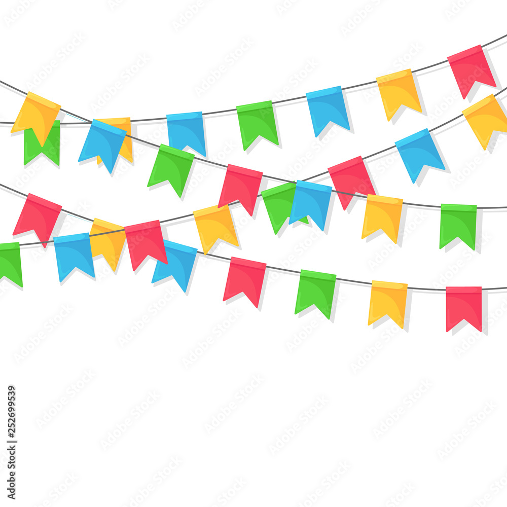 Banner with garland of colour festival flags and ribbons, bunting. Background for celebrate happy birthday party, carnaval, fair. Vector flat design