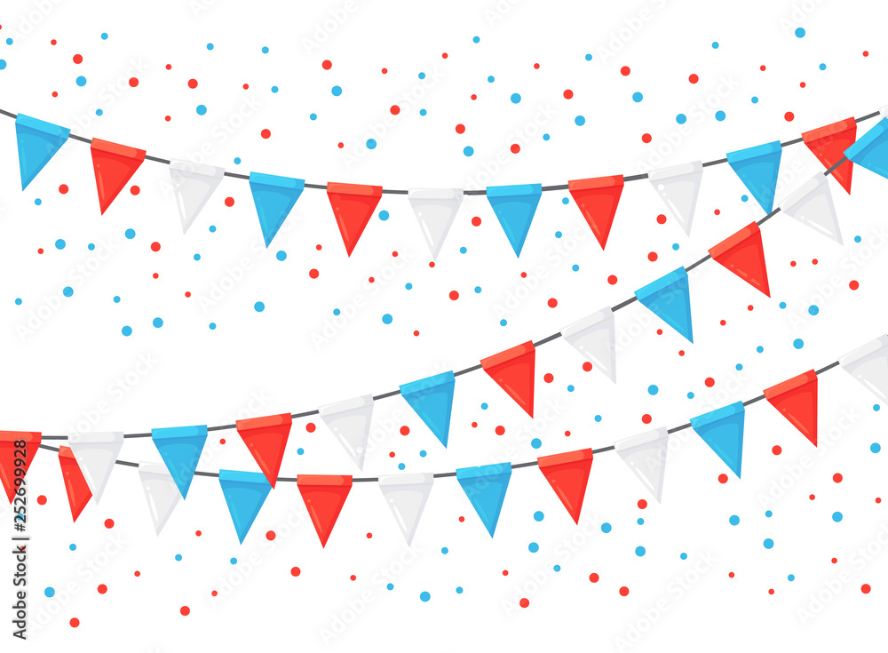 Banner with garland of colour festival flags and ribbons, bunting. Background for celebrate happy birthday party, carnaval, fair. Vector flat design Banner with garland of colour festival flags and ribbons, bunting. Background for celebrate happy birthday party, carnaval, fair. Vector flat design