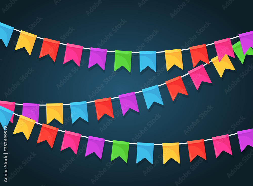 Fototapeta premium Banner with garland of colour festival flags and ribbons, bunting. Background for celebrate happy birthday party, carnaval, fair. Vector flat design