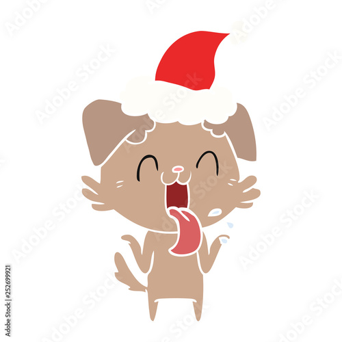 flat color illustration of a panting dog shrugging shoulders wearing santa hat