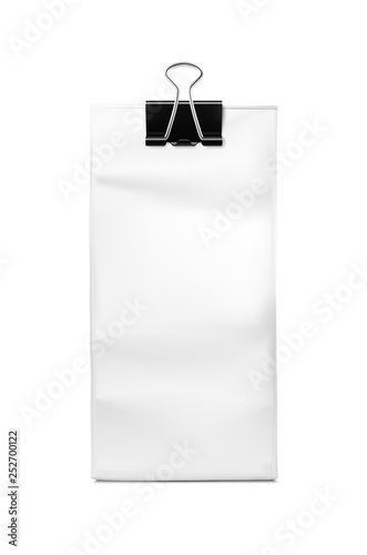 Realistic vertical bag with binder clip. Vector illustration isolated on white background. EPS10.