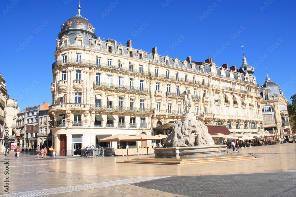 Comedy square of Montpellier and its three graces fountain, Herault, France