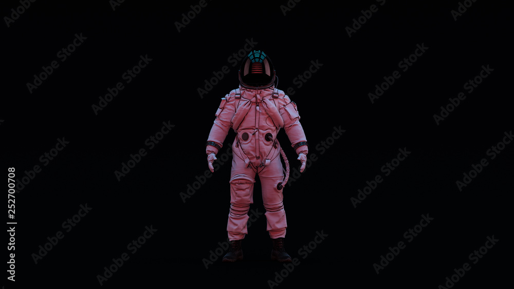 Astronaut Advanced Crew Escape Suit with Black Visor and White Spacesuit with Pink and Blue Moody 80s Sci-Fi lighting Front Astronaut Advanced Crew Escape Suit with Black Visor and White Spacesuit with Pink and Blue Moody 80s Sci-Fi lighting Front