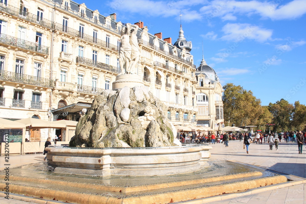 Fototapeta premium Comedy square of Montpellier and its three graces fountain, Herault, France