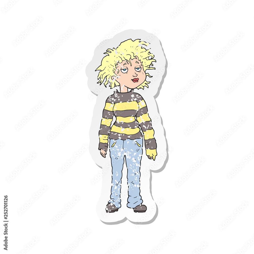 retro distressed sticker of a cartoon chilled out girl retro distressed sticker of a cartoon chilled out girl