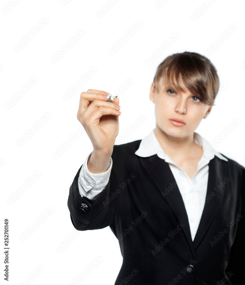 business woman with pen drawing diagram, isolated on white background business woman with pen drawing diagram, isolated on white background
