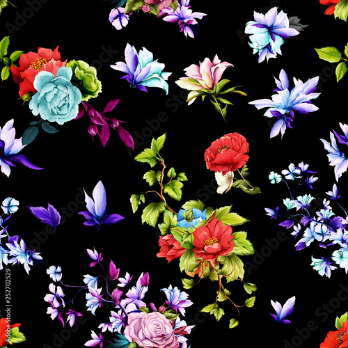 Fototapeta Naklejka Na Ścianę i Meble -  Seamless background pattern. Rose,poppy, peony, pomegranate bud with wild rosemary and leaves on dark blue. Hand drawn. Watercolor. 