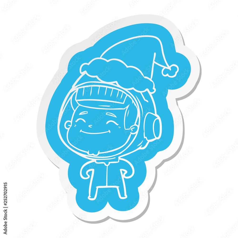 happy cartoon  sticker of a astronaut wearing santa hat