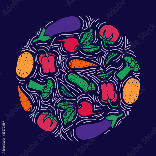 Circle concept with different vegetables. Vector hand-draw line illustration.
