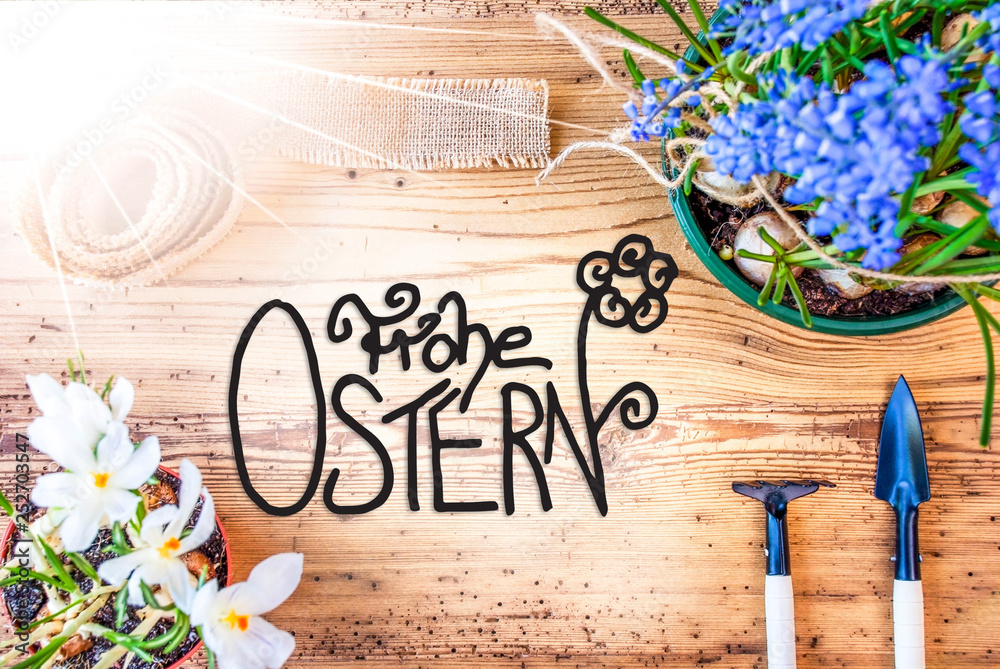 Naklejka premium Sunny Spring Flowers, Calligraphy Frohe Ostern Means Happy Easter