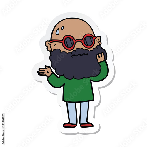 sticker of a cartoon worried man with beard and sunglasses