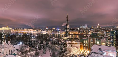 Panorama view to the illuminated city center of Moscow at night. Frozen Moscow riwer © alhim