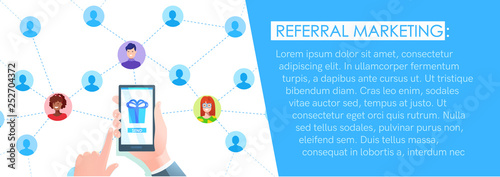 Referral marketing banner. Hand with phone and users avatat. Vector cartoon illustration