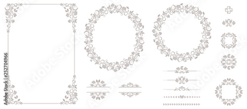 Vector set of graphic elements for design. Floral elements for design of invitations, frames, menus, monograms, labels, websites.