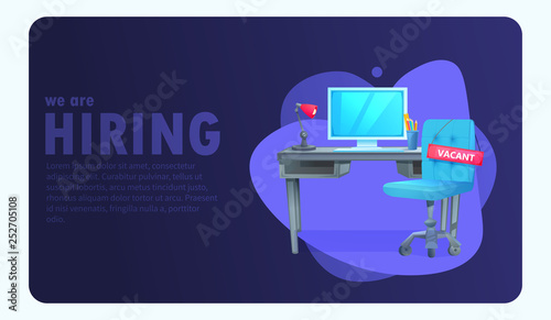 We are hiring banner with office workspace and sign vacant and inscription. Business recruiting concept. Vector cartoon illustration.
