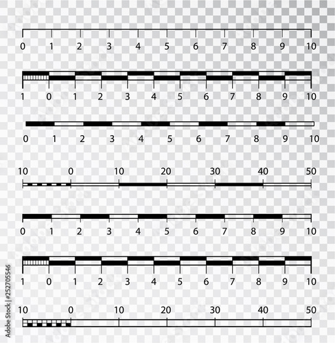 Vector map scales graphics for measuring distances . set of metric rulers in flat style. Measuring scales. Mackup for rulers. Size indicators set isolated on background. Unit distances