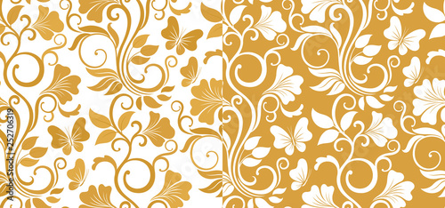 Luxury seamless graphic background with flowers and leaves in two variations. Floral vector pattern.