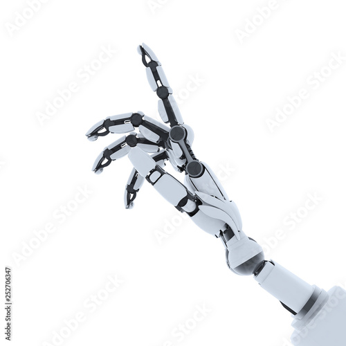 Futuristic Robot hand showing gesture, isolated on white background.