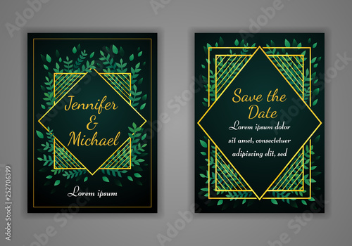 Set of rectangular wedding invitation cards. Green leaves and golden frame on a dark background. Vector.
