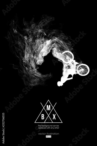 Abstract silhouette of a bmx rider on the dark, black background from particles, dust, smoke, steam. Bmx rider jumps and performs the trick. Background can be changed to any other. Vector illustration