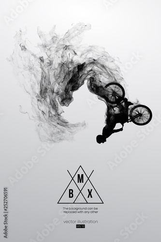 Abstract silhouette of a bmx rider on the white background from particles, dust, smoke, steam. Bmx rider jumps and performs the trick. Background can be changed to any other. Vector illustration