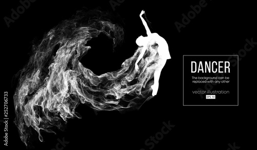 Abstract silhouette of a dencing girl, woman, ballerina on the dark, black background from particles. Ballet and modern dance. Background can be changed to any other. Vector illustration