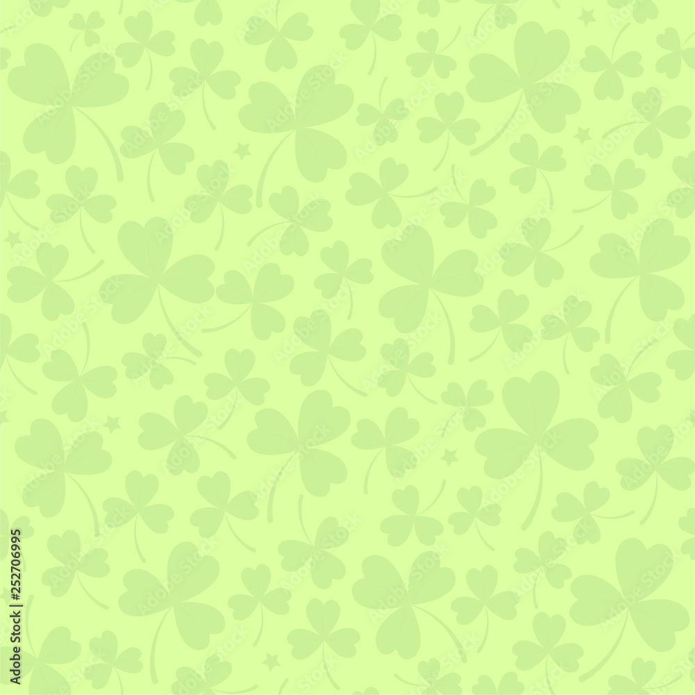 Saint Patrick's day seamless background in light green with cloverleafs and stars. Shamrock irish background. For web, textile, wrapping paper, wallpaper, banner, card. Vector illustration. Saint Patrick's day seamless background in light green with cloverleafs and stars. Shamrock irish background. For web, textile, wrapping paper, wallpaper, banner, card. Vector illustration.