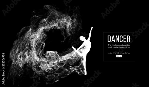 Abstract silhouette of a dencing girl, woman, ballerina on the dark, black background from particles. Ballet and modern dance. Background can be changed to any other. Vector illustration