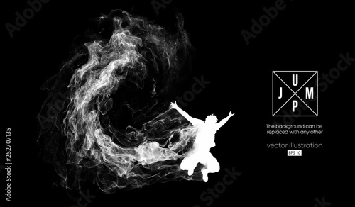 Abstract silhouette of a jumping man on the dark, black background from particles, dust, smoke, steam. Background can be changed to any other. Vector illustration