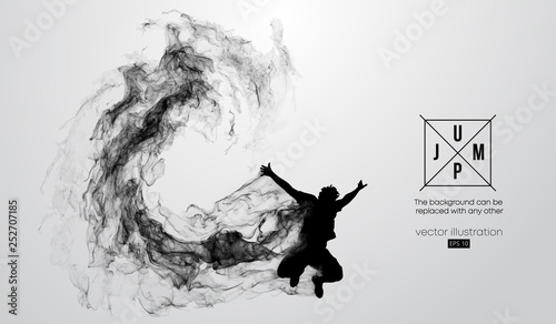 Abstract silhouette of a jumping man on the white background from particles, dust, smoke, steam. Background can be changed to any other. Vector illustration