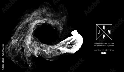 Abstract silhouette of a jumping man on the dark, black background from particles, dust, smoke, steam. Background can be changed to any other. Vector illustration