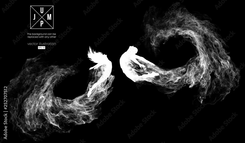 Abstract silhouette of a jumping man and woman, girl on the dark, black background from