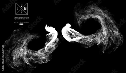 Abstract silhouette of a jumping man and woman, girl on the dark, black background from particles, dust, smoke, steam. Background can be changed to any other. Vector illustration