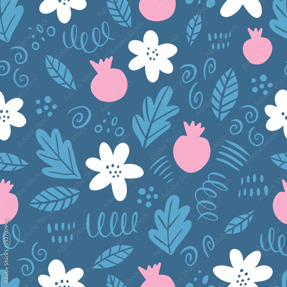 Hand drawn floral seamless pattern with flowers and pomegranate. Scandinavian style. Vector illustration on dark background Hand drawn floral seamless pattern with flowers and pomegranate. Scandinavian style. Vector illustration on dark background