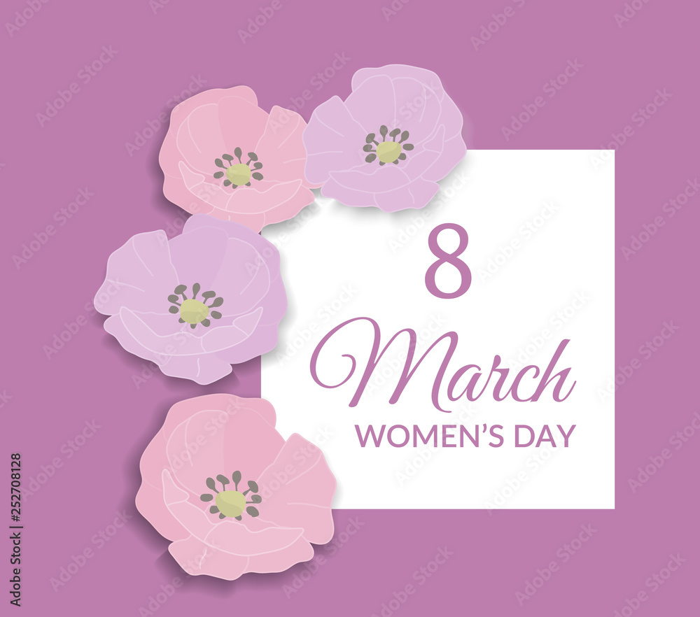 8 March Happy international womens day Greeting Card design. Pink text on white frame and lilac pink background with pink and lilac wild brier rose flower blossom. Vector eps10 illustration