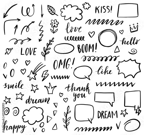 Doodle hand drawn set with speech bubbles, arrows, floral elements, stars, hearts, strokes, clouds, words love, like, smile, kiss, dream, boom, happy, omg, hello etc. Vector illustration