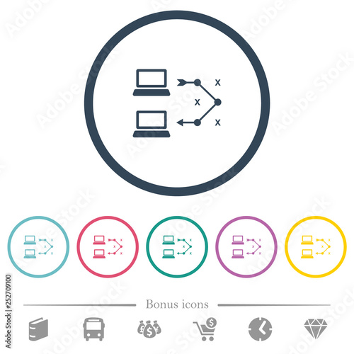 Traceroute remote computer flat color icons in round outlines