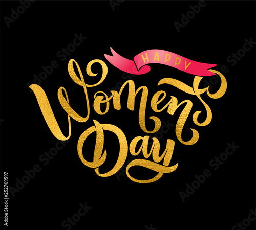 Vector greeting callgraphy lettering text Happy Womens Day, ribbon for card, badge, tag, invitation, template, banner photo