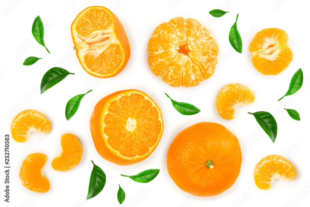 tangerine or mandarin with leaves isolated on white background. Top view. Flat lay tangerine or mandarin with leaves isolated on white background. Top view. Flat lay