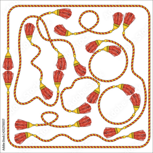 heavy silk tassels with gold fittings on twisted colored cords