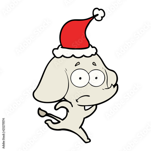 line drawing of a unsure elephant running away wearing santa hat