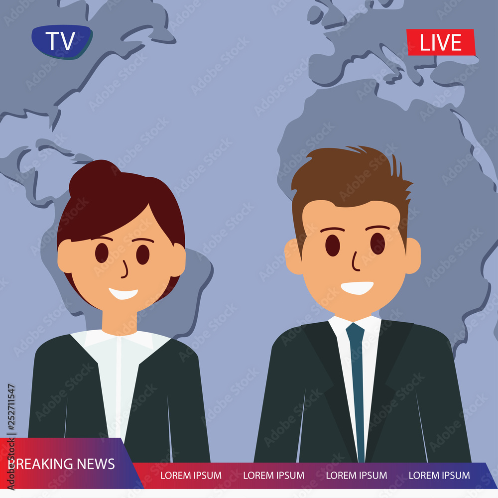 Television breaking news with couple reporter tv, broadcast headline news Television breaking news with couple reporter tv, broadcast headline news