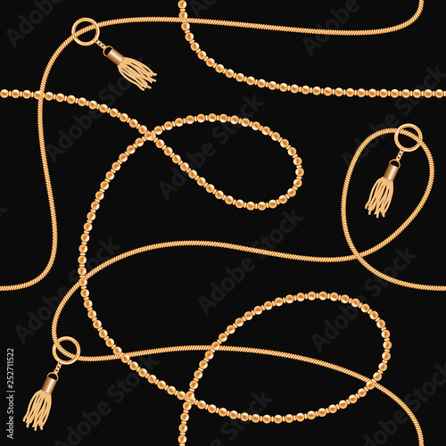 Gold chains with tassels seamless pattern on black background. For fashion design. Vector