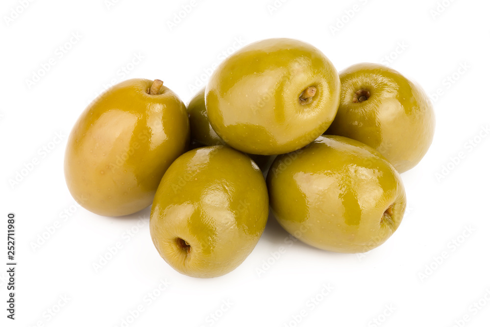 Green olives isolated on a white background Green olives isolated on a white background