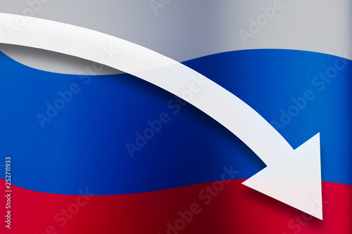 White arrow down on the background of the Russia flag