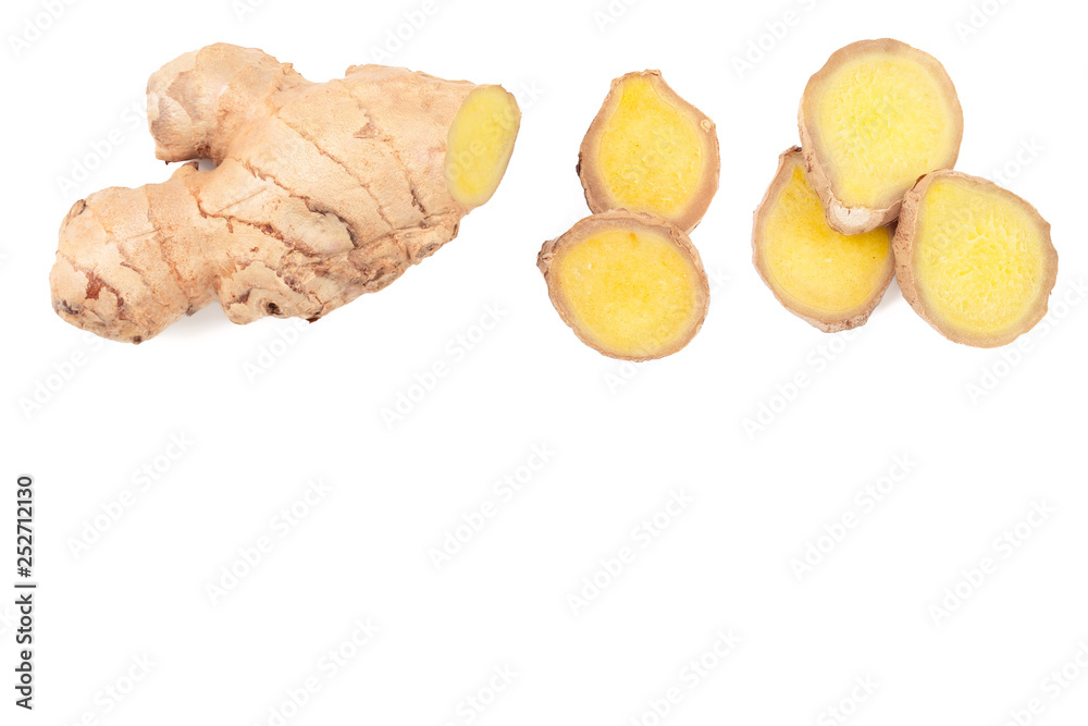 fresh Ginger root and slice isolated on white background with copy space for your text. Top view. Flat lay fresh Ginger root and slice isolated on white background with copy space for your text. Top view. Flat lay