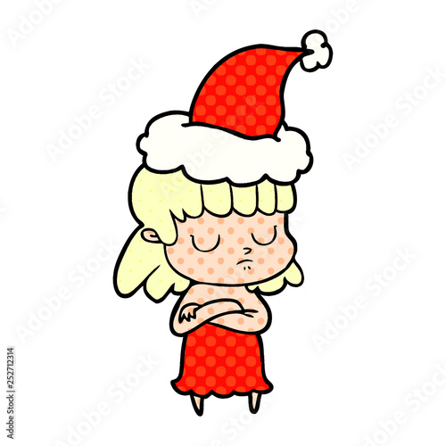 comic book style illustration of a indifferent woman wearing santa hat