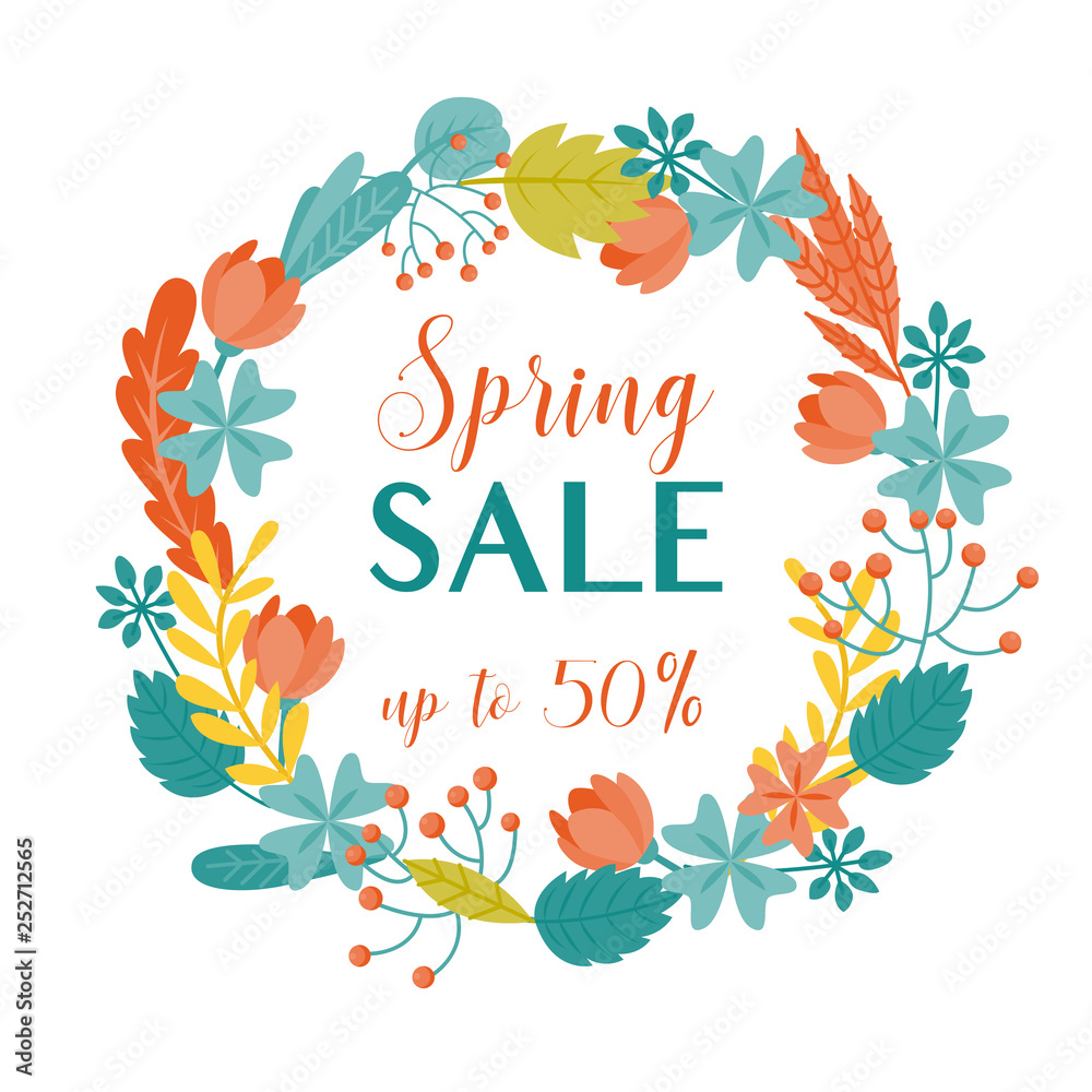 Colorful spring sale banner with floral wreath. Colorful spring sale banner with floral wreath.