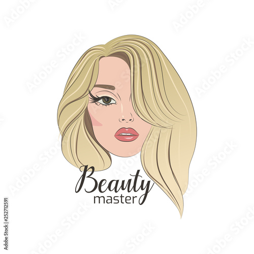 Beautiful woman head with blonde hair isolated on white background. Girl face with makeup for logo of beauty master.